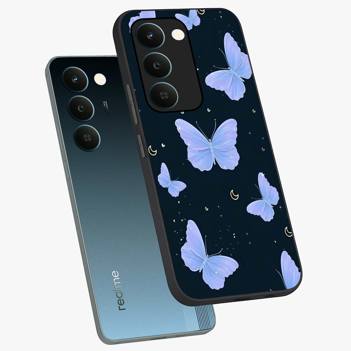 Butterfly With Stars Pattern Glass Case displayed in angled mockup highlighting dreamy butterfly and star design with aesthetic theme.