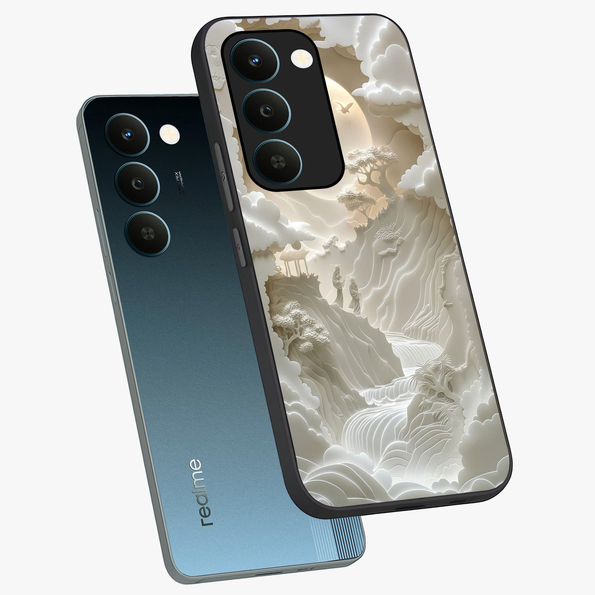 Celestial Origami Glass Case displayed in angled mockup highlighting geometric origami design with cosmic aesthetic theme.