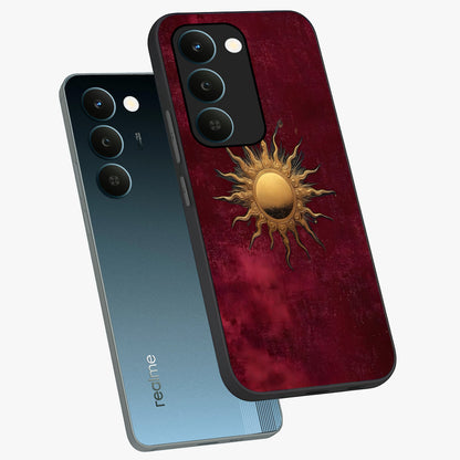 Golden Sun Minimalism Glass Case displayed in angled mockup highlighting clean sun symbol design with modern minimal aesthetic.
