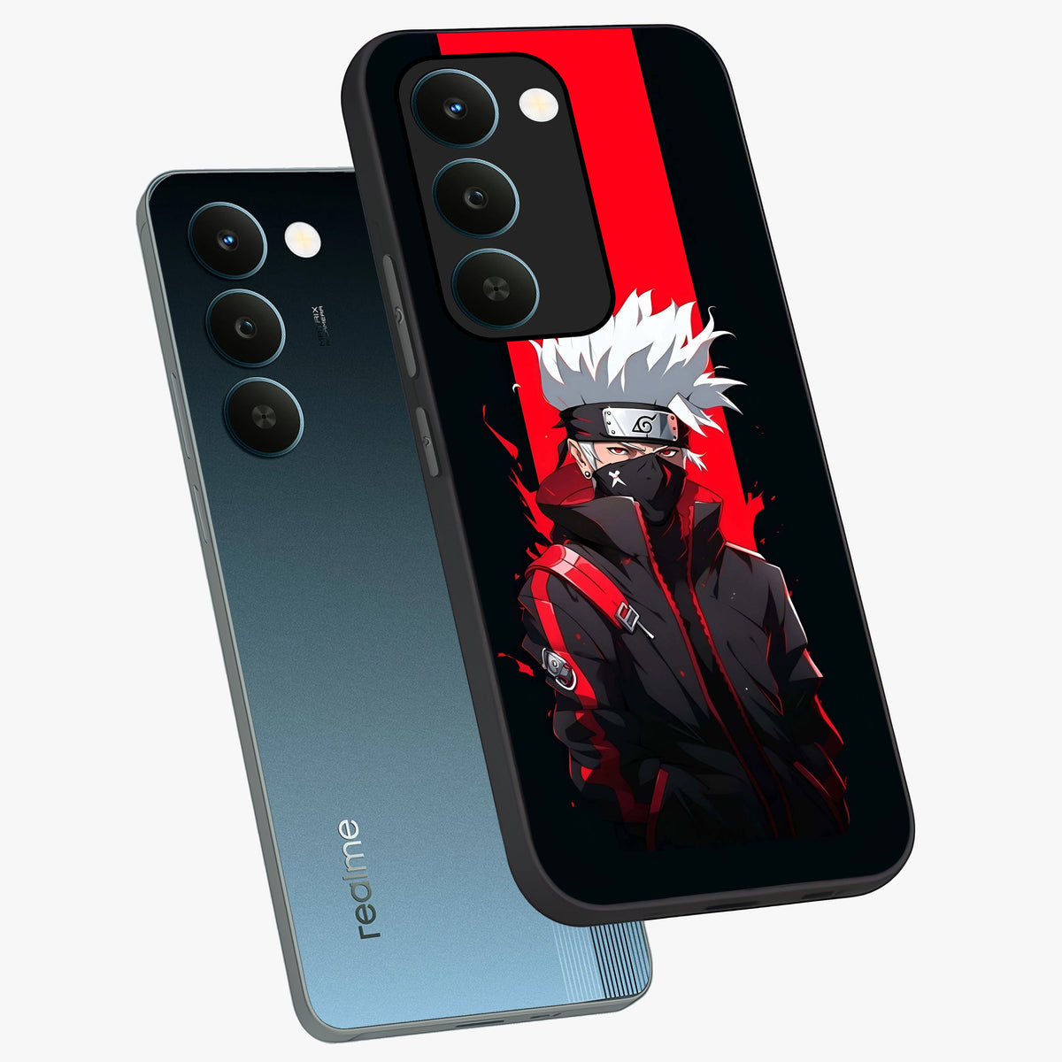 Kakashi Scarlet Shadow Glass Case displayed in angled mockup highlighting dramatic ninja illustration with scarlet themed aesthetic.
