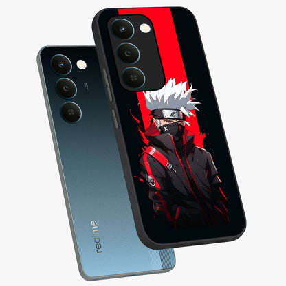 Kakashi Scarlet Shadow Glass Case displayed in angled mockup highlighting dramatic ninja illustration with scarlet themed aesthetic.