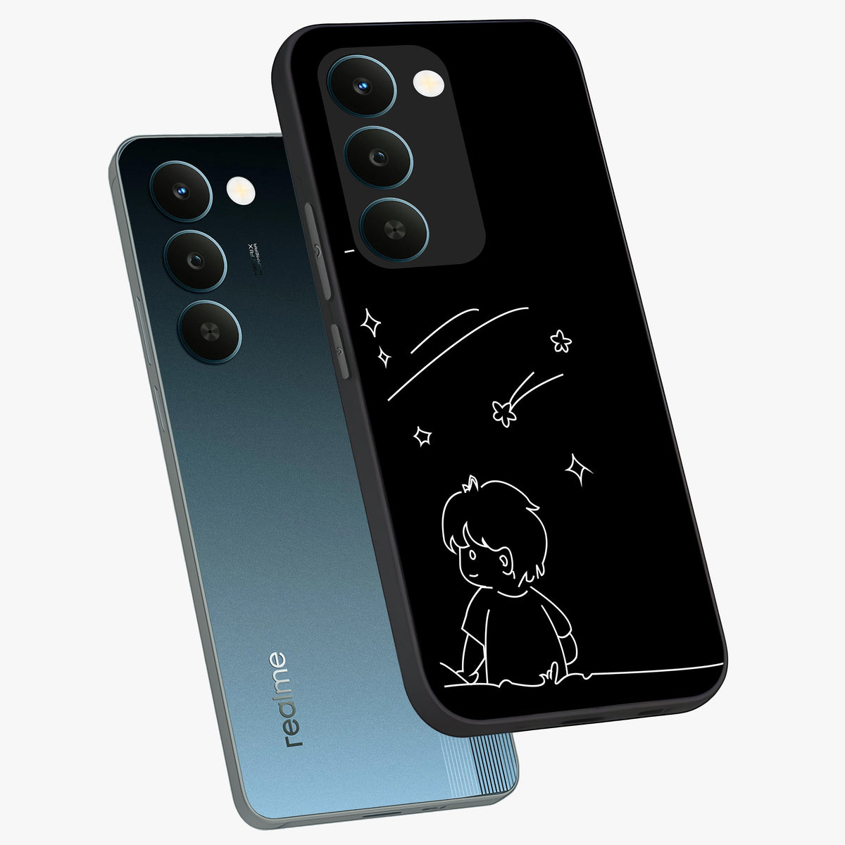 Line Art Boy With Shooting Stars Glass Case displayed in angled mockup highlighting elegant line art design with dreamy star aesthetic.