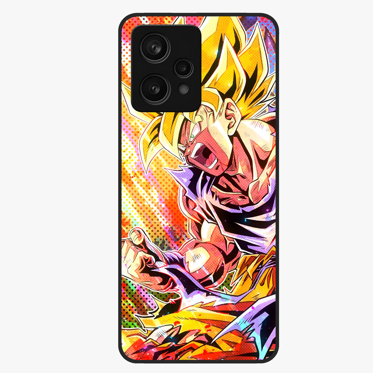Firing Goku Glass Case showing flat back view with powerful anime inspired artwork and glossy glass finish.