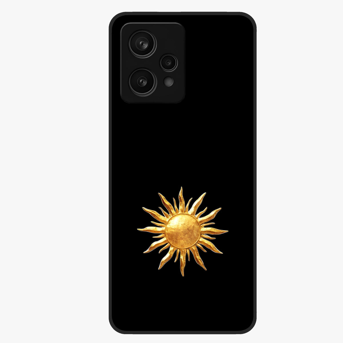 Golden Sun Minimalism Glass Case showing flat back view with minimal golden sun artwork and glossy glass finish.