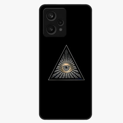 Illuminati Evil Glass Case showing flat back view with mysterious illuminati symbol artwork and glossy glass finish.