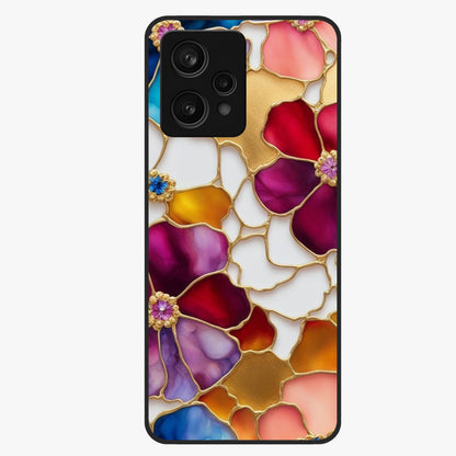 Marble Flower Pattern Glass Case showing flat back view with marble texture floral artwork and glossy glass finish.