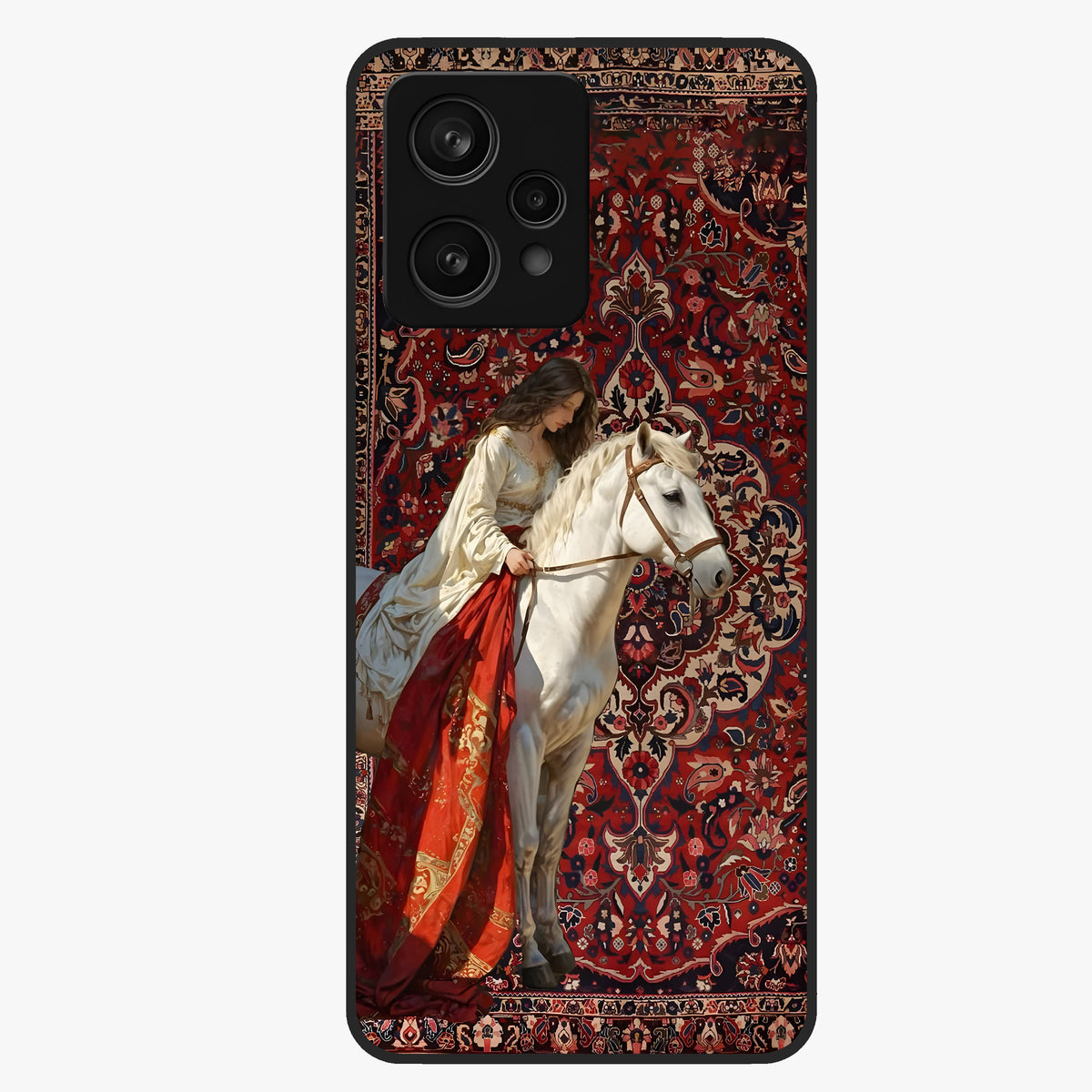 Royal Rider Tapestry Glass Case showing flat back view with majestic horse rider tapestry artwork and glossy glass finish.