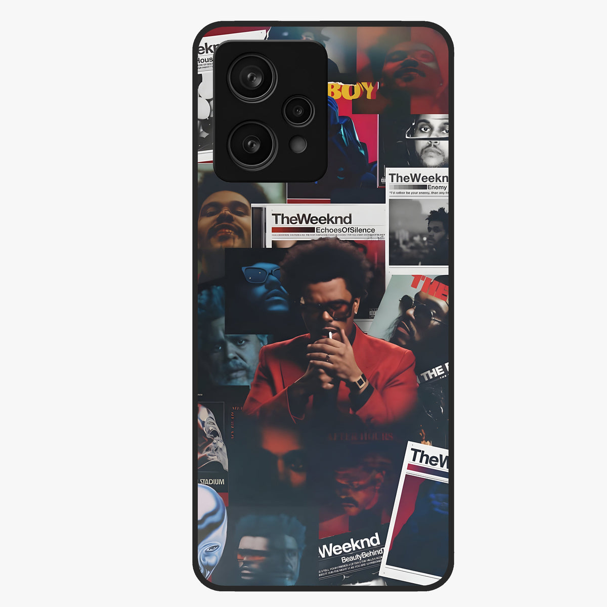 The Weeknd Glass Case showing flat back view with music inspired artistic portrait artwork and glossy glass finish.