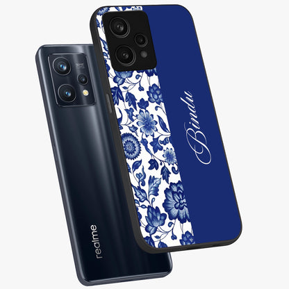 Blue Vintage Floral Pattern Glass Case displayed in angled mockup highlighting subtle bloom pattern with aesthetic pastel design.