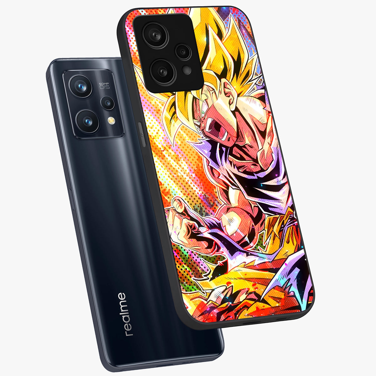 Firing Goku Glass Case displayed in angled mockup highlighting dynamic anime character design with action aesthetic.