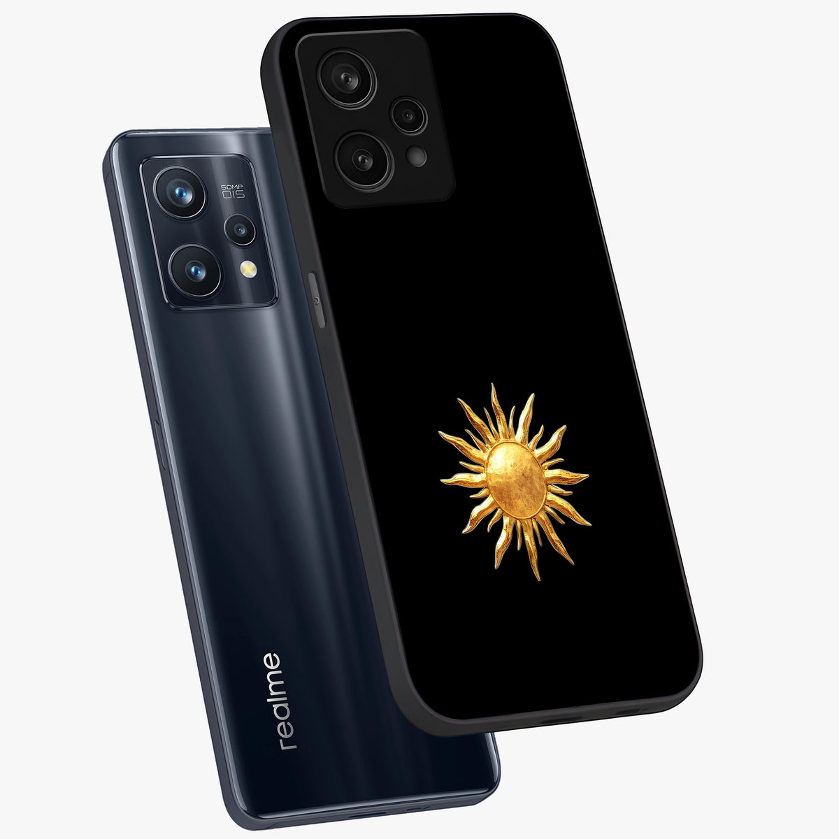 Golden Sun Minimalism Glass Case displayed in angled mockup highlighting eerie shadow illustration with gothic aesthetic.