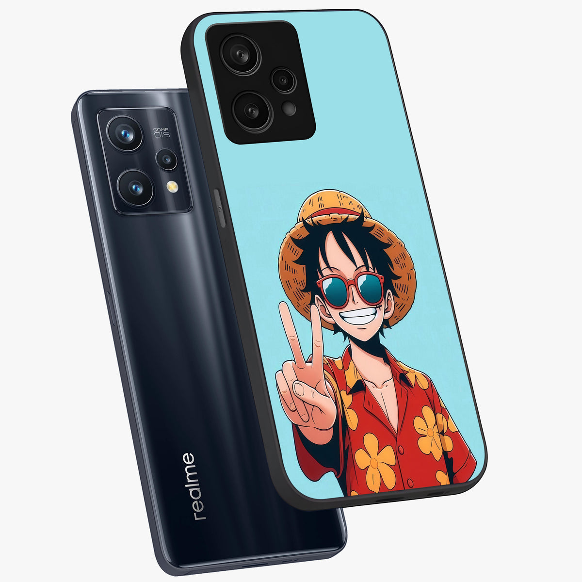 Luffy Summer Anime Vibe Glass Case displayed in angled mockup highlighting energetic anime illustration with summer vibe aesthetic.