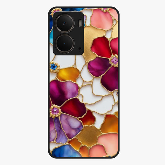 Marble Flower Pattern Glass Case showing flat back view with marble texture floral artwork and glossy glass finish.