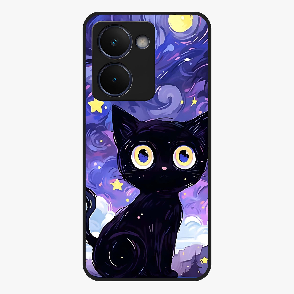 Abstract Cat Art Glass Case showing flat back view with artistic cat illustration and glossy glass finish.