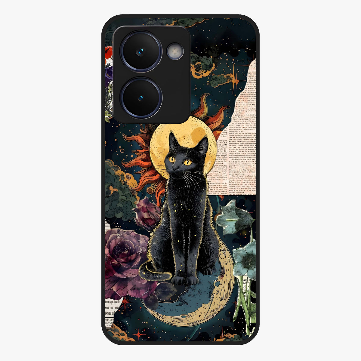 Celestial Black Cat Glass Case showing flat back view with mystical black cat artwork and glossy glass finish.