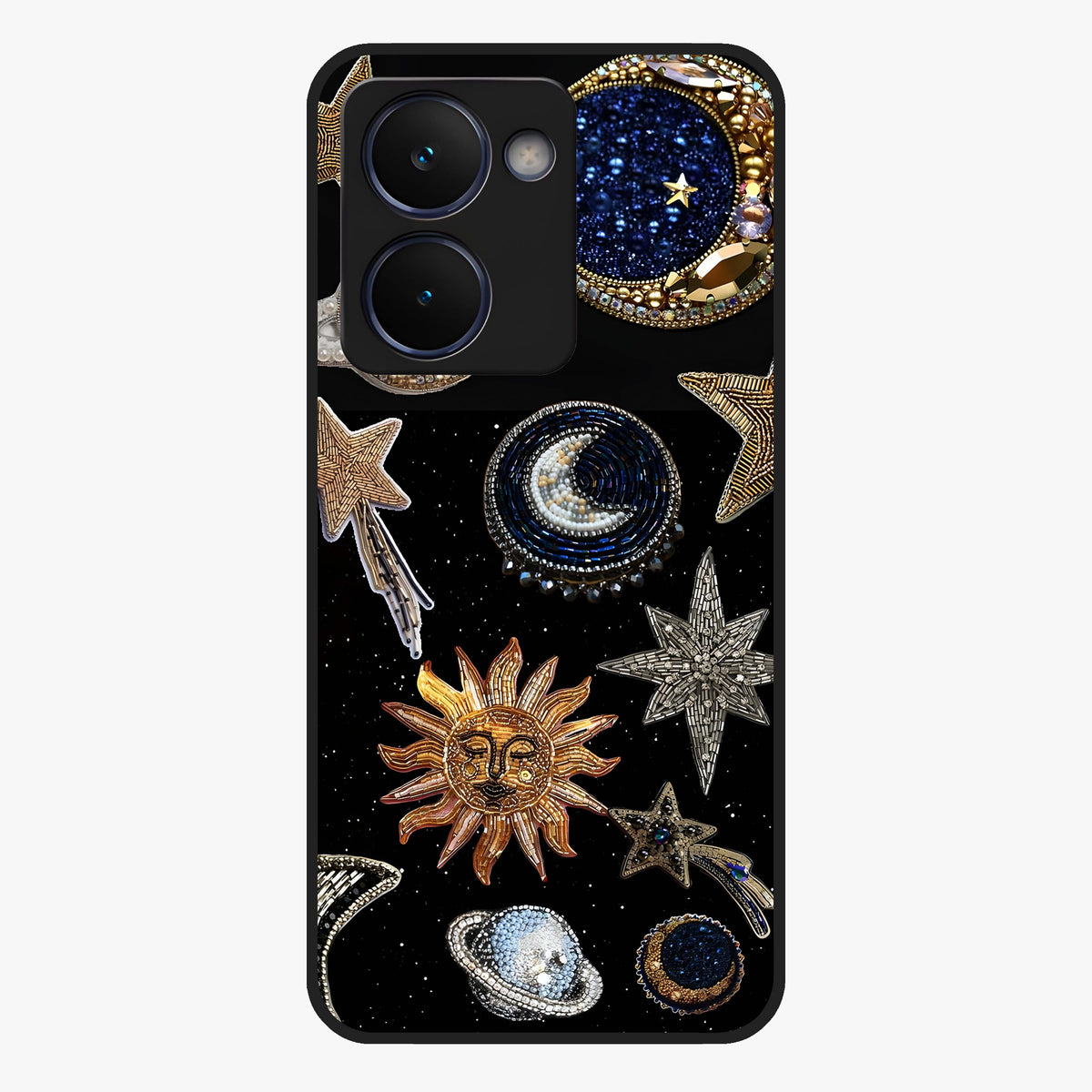 Celestial Gem Constellations Glass Case showing flat back view with sparkling constellation artwork and glossy glass finish.