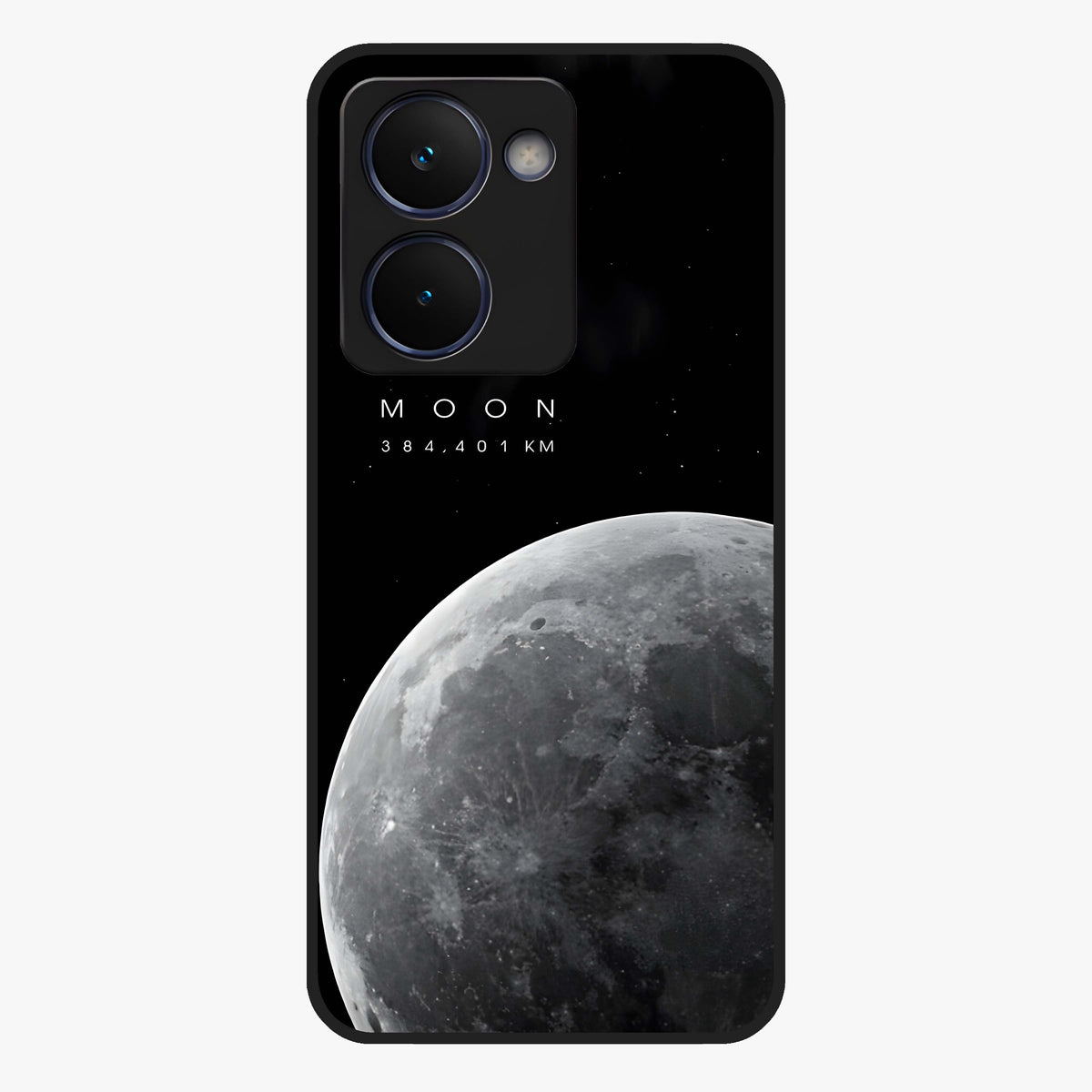 Cosmic Moon Glow Glass Case showing flat back view with glowing moon artwork and glossy glass finish.