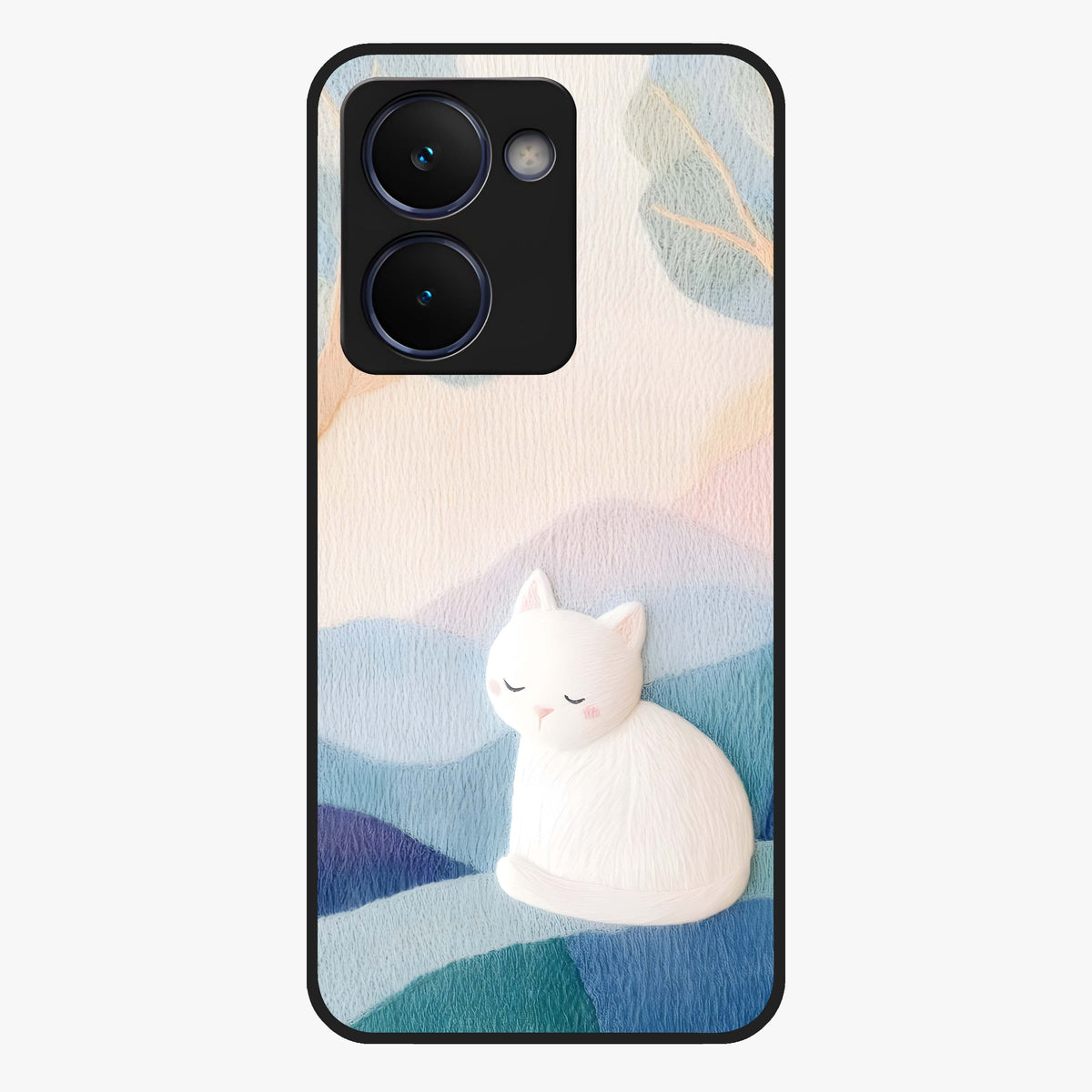 Cotton Dream Cat Glass Case showing flat back view with soft dreamy cat artwork and glossy glass finish.