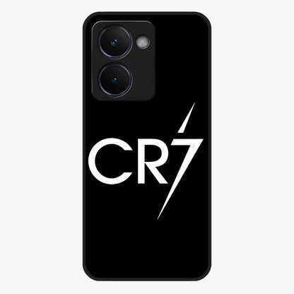 Cr7 Elite Strike Glass Case showing flat back view with dynamic football inspired artwork and glossy glass finish.