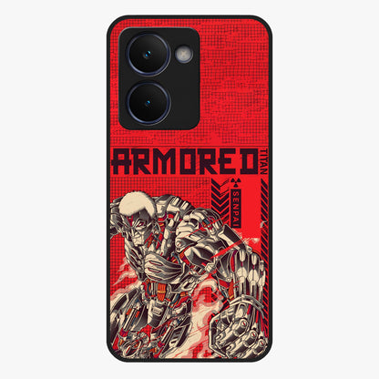 Crimson Mecha Titan Glass Case showing flat back view with powerful mech titan artwork and glossy glass finish.