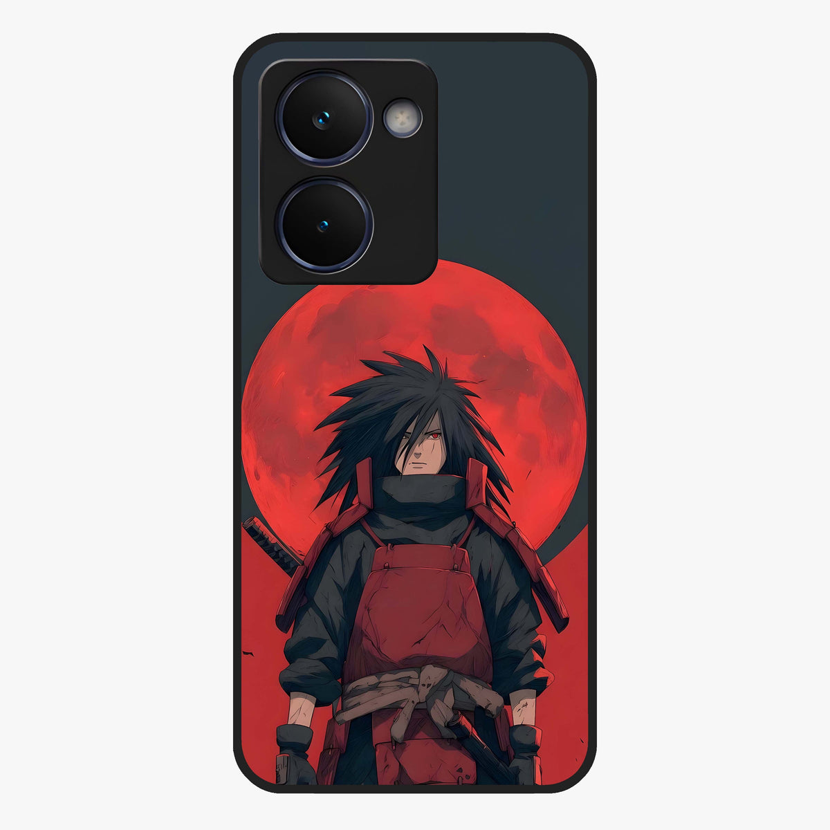 Crimson Moon Warlord Glass Case showing flat back view with mystical moon warrior artwork and glossy glass finish.