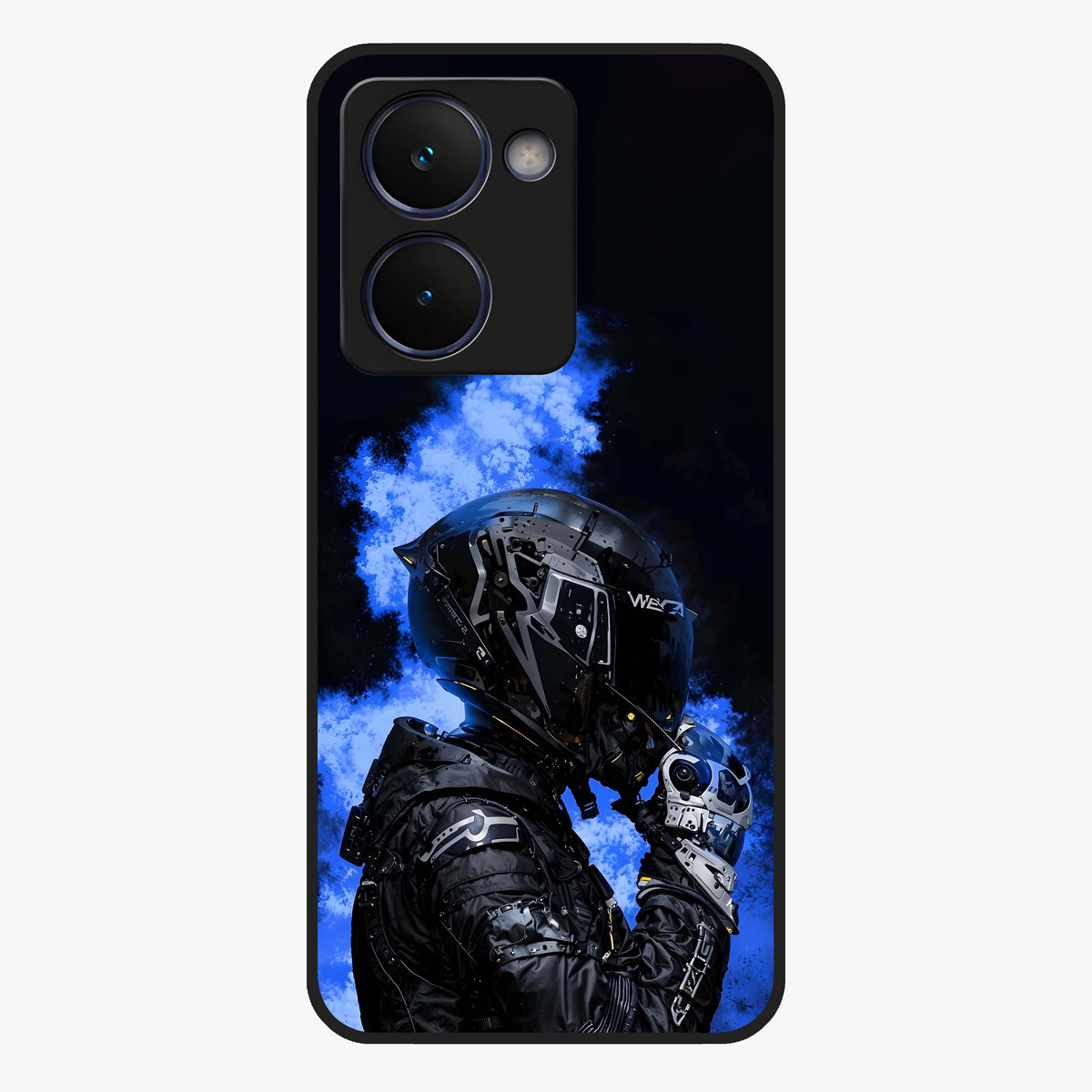 Cyber Sentinel Protocol Glass Case showing flat back view with futuristic cyber themed artwork and glossy glass finish.