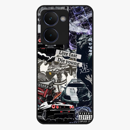 Die Young Glass Case showing flat back view with bold artistic typography design and glossy glass finish.