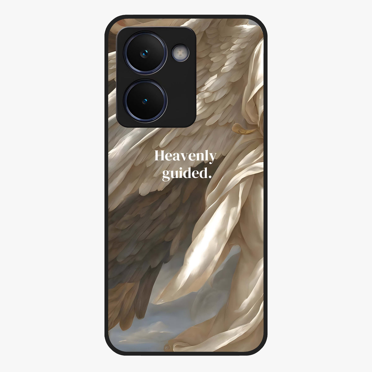 Divine Winged Grace Glass Case showing flat back view with elegant wing inspired artwork and glossy glass finish.
