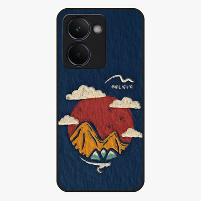 Dream Beyond Mountains Glass Case showing flat back view with scenic mountain landscape artwork and glossy glass finish.