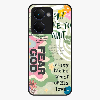 Faith Over Fear Glass Case showing flat back view with motivational typography artwork and glossy glass finish.