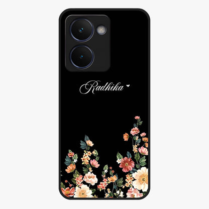 Floral Design With a Custom Personalized Name Glass Case showing flat back view with floral artwork and personalized name design.