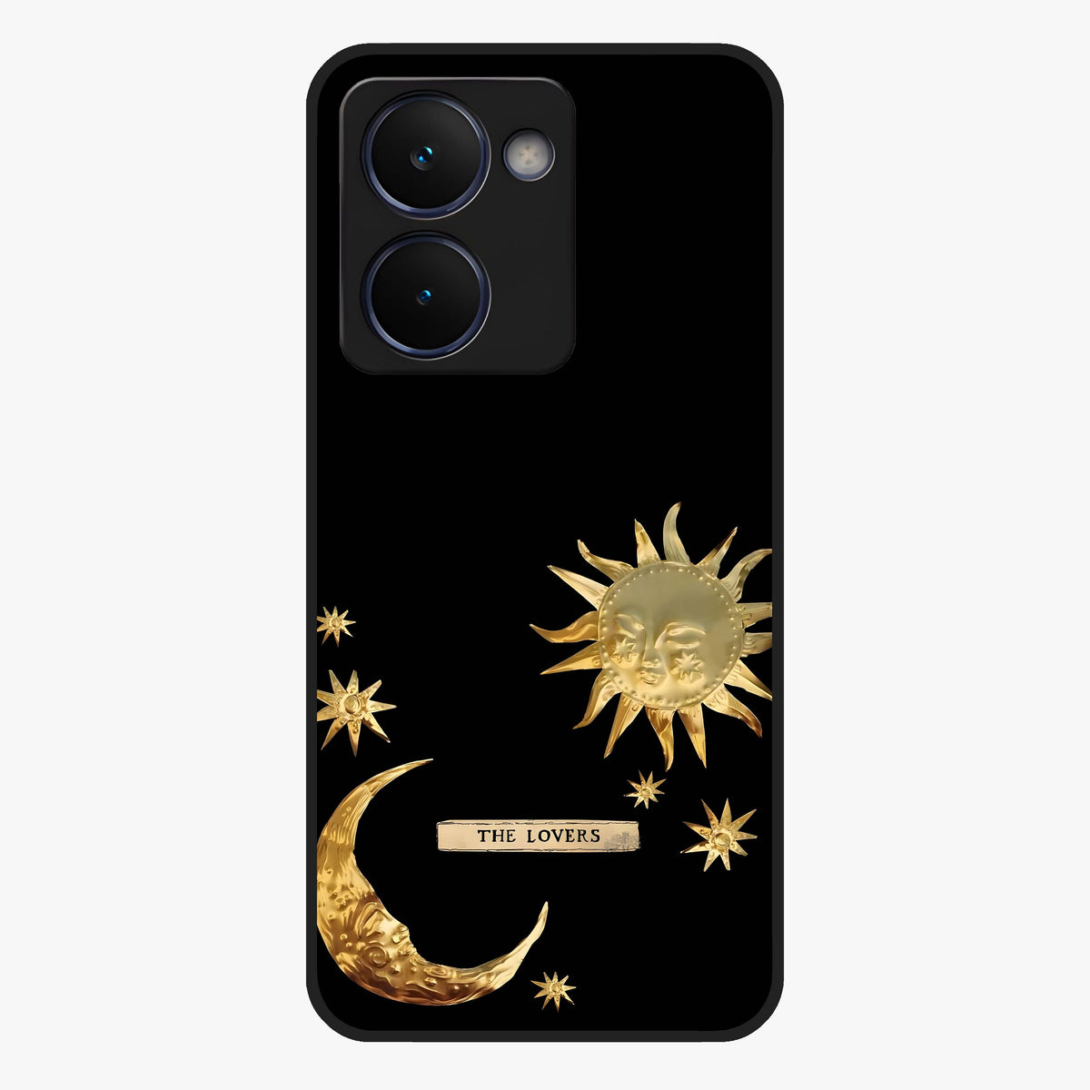 Golden Celestial Charm Glass Case showing flat back view with golden celestial charm artwork and glossy glass finish.