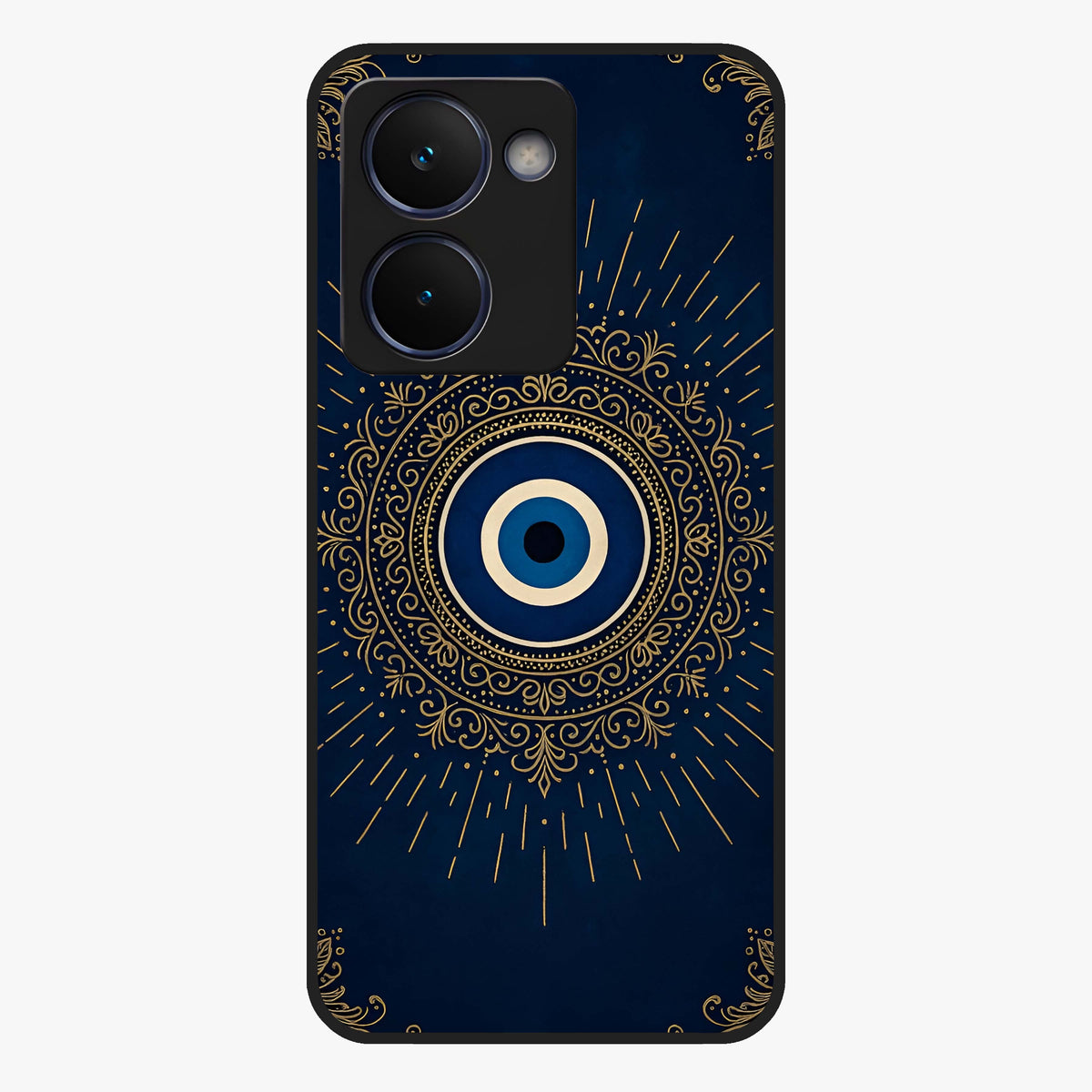Golden Evil Eye Mandala Glass Case showing flat back view with intricate evil eye mandala artwork and glossy glass finish.