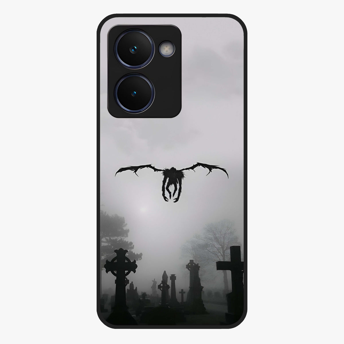 Graveyard Shadow Descent Glass Case showing flat back view with dark graveyard themed artwork and glossy glass finish.