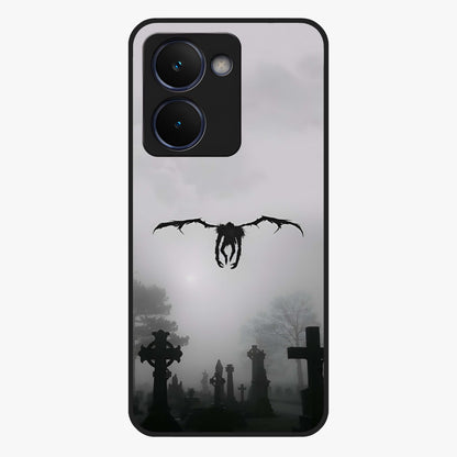 Graveyard Shadow Descent Glass Case showing flat back view with dark graveyard themed artwork and glossy glass finish.