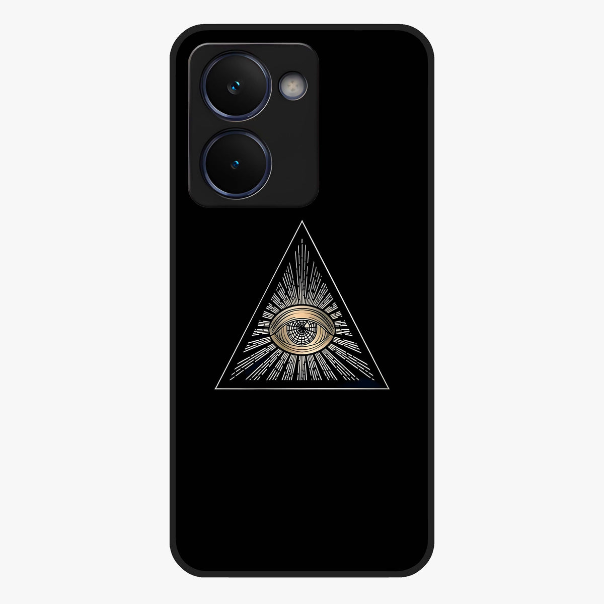 Illuminati Evil Glass Case showing flat back view with mysterious illuminati symbol artwork and glossy glass finish.