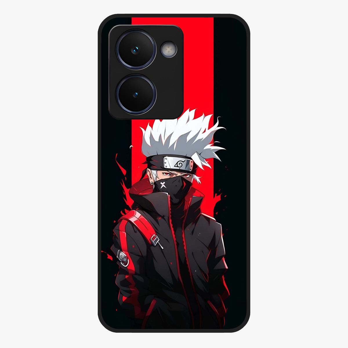 Kakashi Scarlet Shadow Glass Case showing flat back view with powerful anime ninja artwork and glossy glass finish.