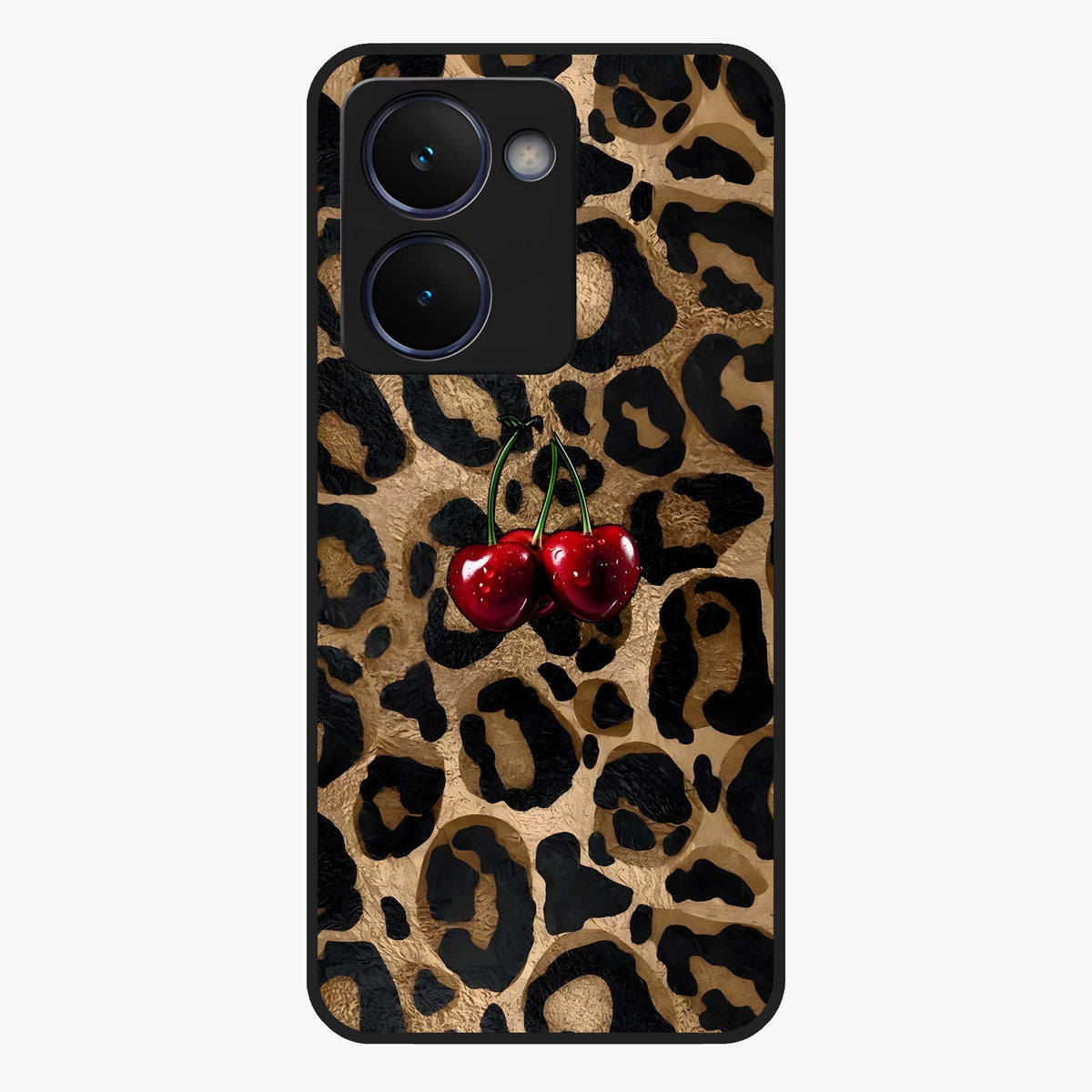 Leopard Wild Cherry Glass Case showing flat back view with leopard pattern and cherry artwork and glossy glass finish.