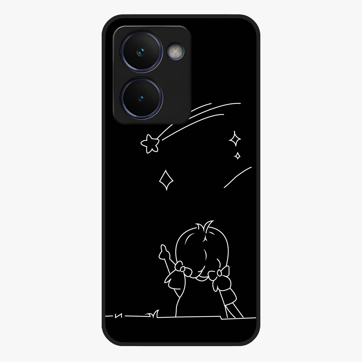 Line Art Girl With Shooting Stars Glass Case showing flat back view with minimal line art girl and shooting stars illustration and glossy glass finish.