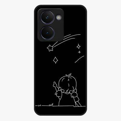Line Art Girl With Shooting Stars Glass Case showing flat back view with minimal line art girl and shooting stars illustration and glossy glass finish.