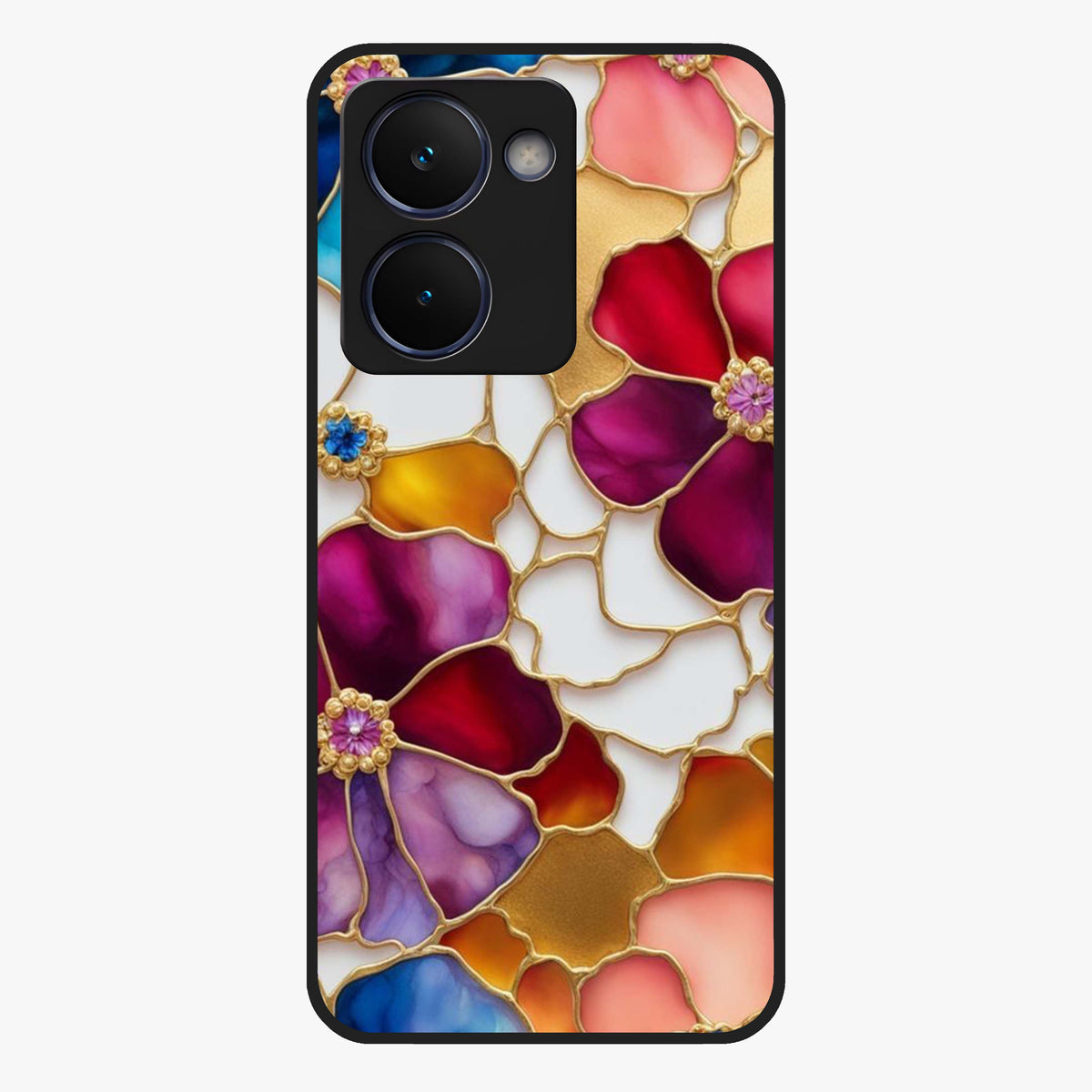 Marble Flower Pattern Glass Case showing flat back view with marble texture floral artwork and glossy glass finish.