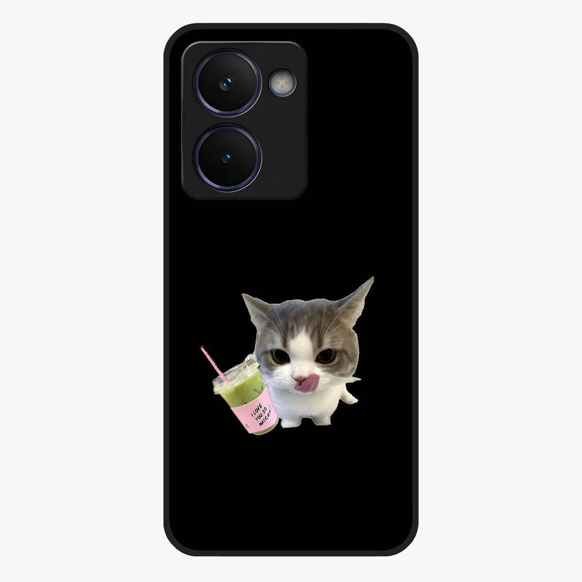 Matcha Cat Style Glass Case showing flat back view with cute matcha themed cat artwork and glossy glass finish.