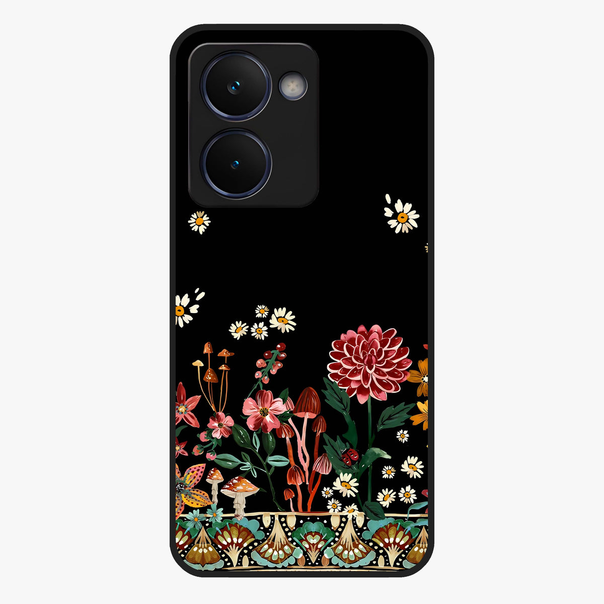 Midnight Bloom Pattern Glass Case showing flat back view with dark floral pattern artwork and glossy glass finish.