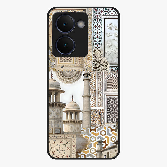 Mughal Marble Legacy Glass Case showing flat back view with intricate Mughal inspired marble pattern and glossy glass finish.