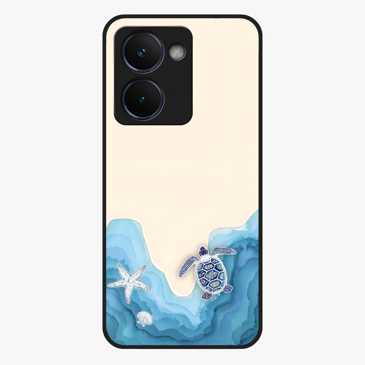 Ocean Drift Turtle Glass Case showing flat back view with sea turtle artwork and glossy glass finish.