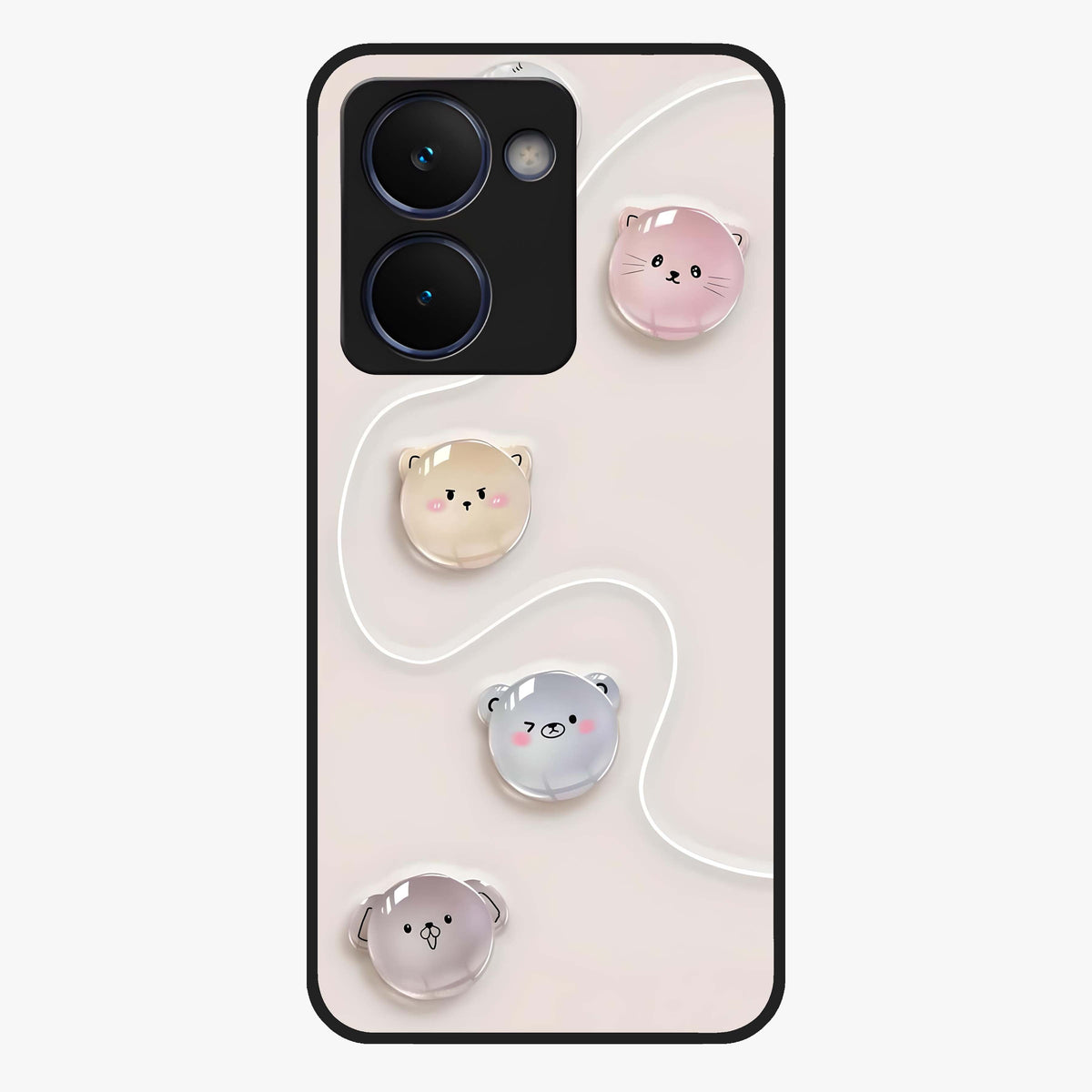 Puffy Face Parade Glass Case showing flat back view with cute puffy character faces artwork and glossy glass finish.