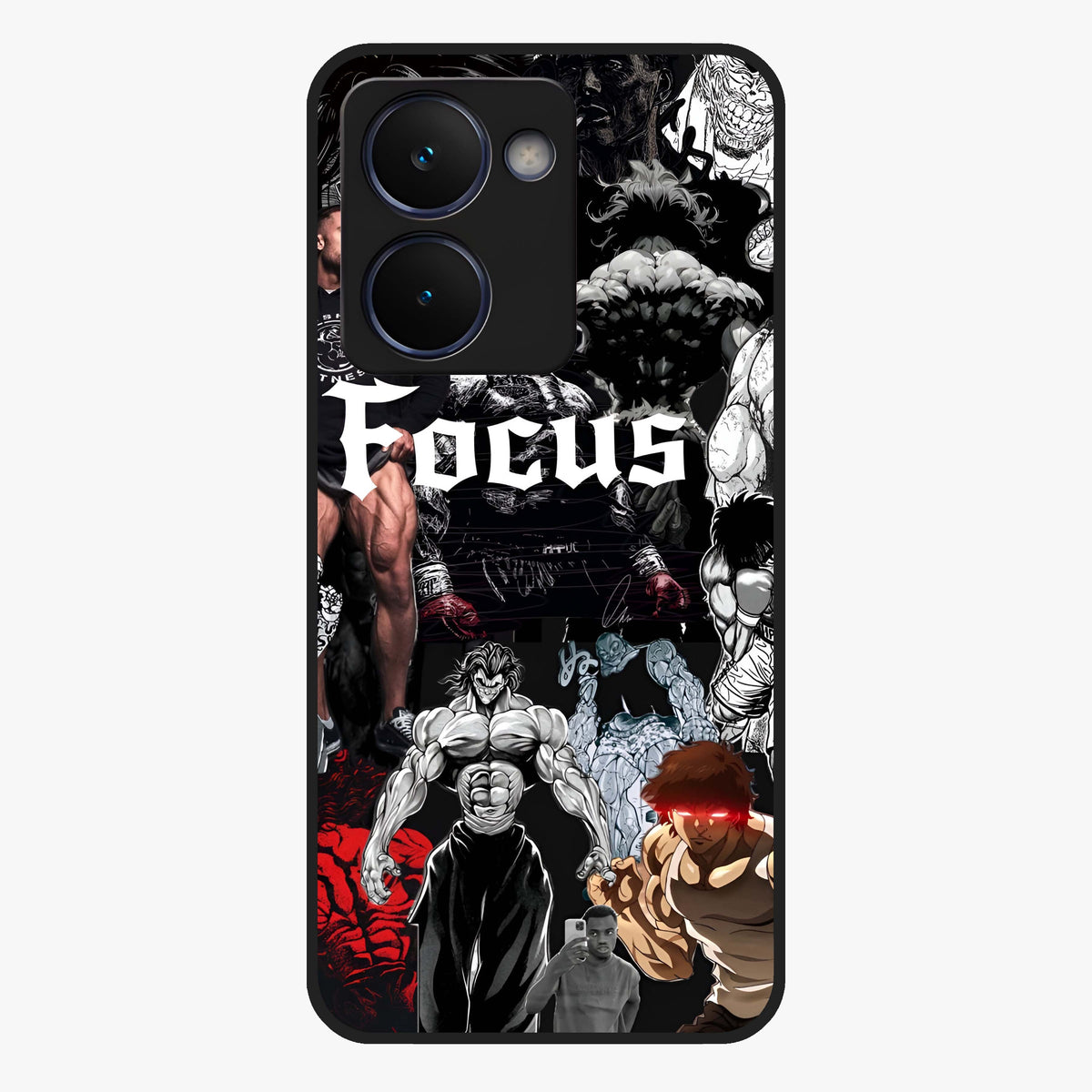 Relentless Power Focus Glass Case showing flat back view with motivational typography artwork and glossy glass finish.