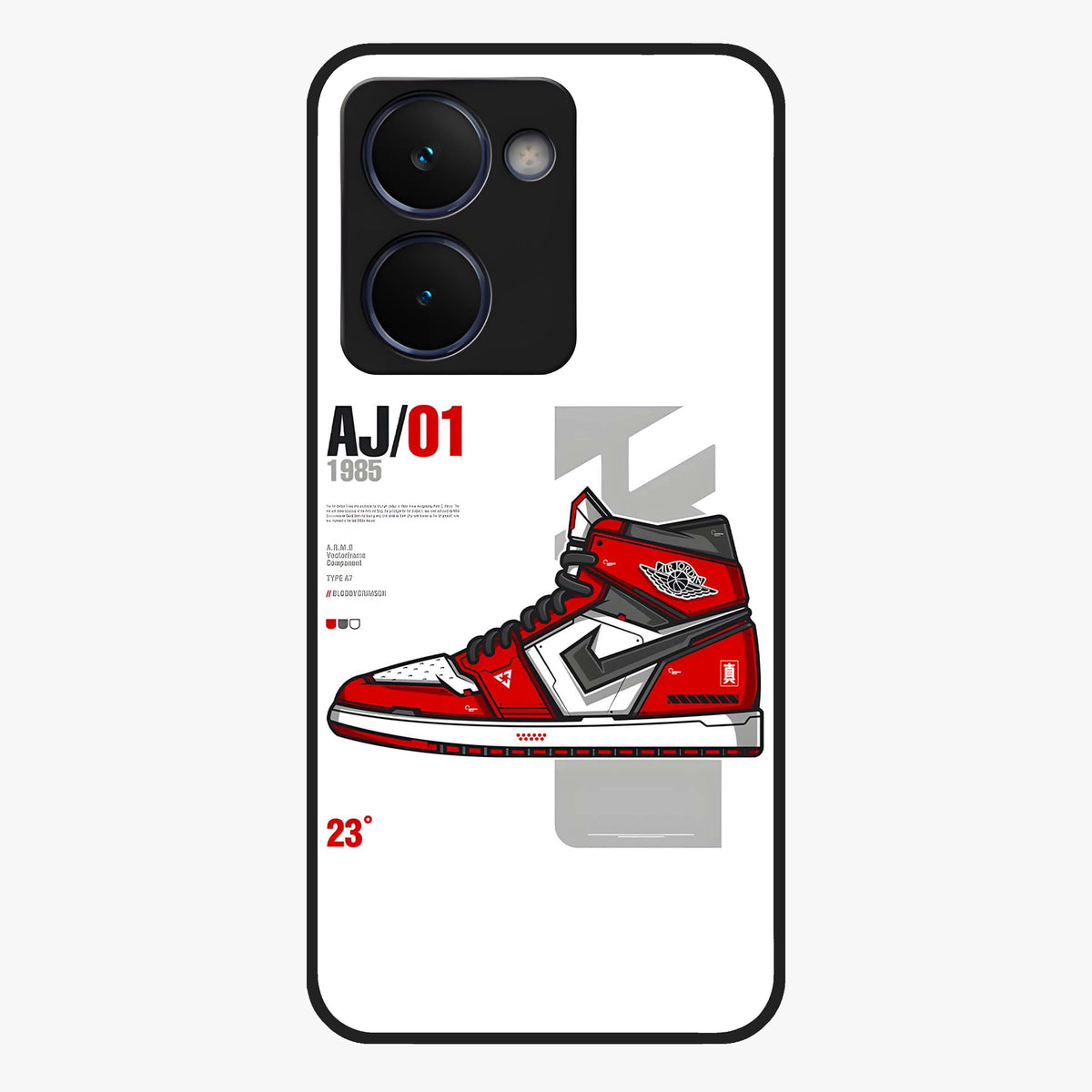 Retro Sneaker Blueprint Glass Case showing flat back view with sneaker blueprint style artwork and glossy glass finish.