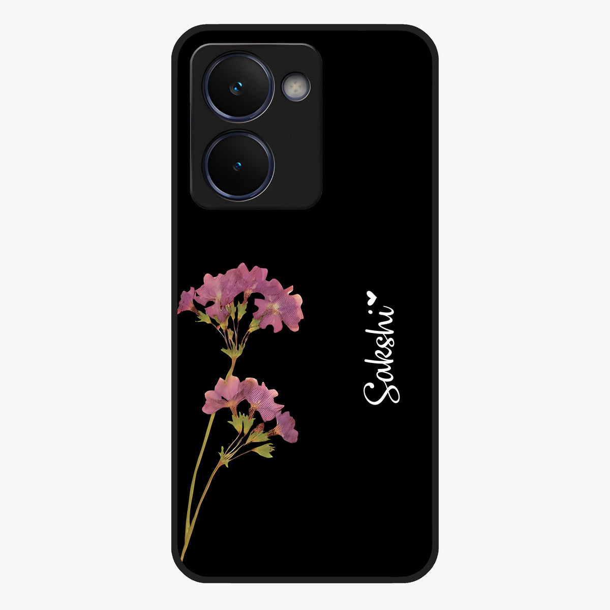 Riching Lavender Flower Custom Name Glass Case showing flat back view with lavender floral artwork and personalized name design.