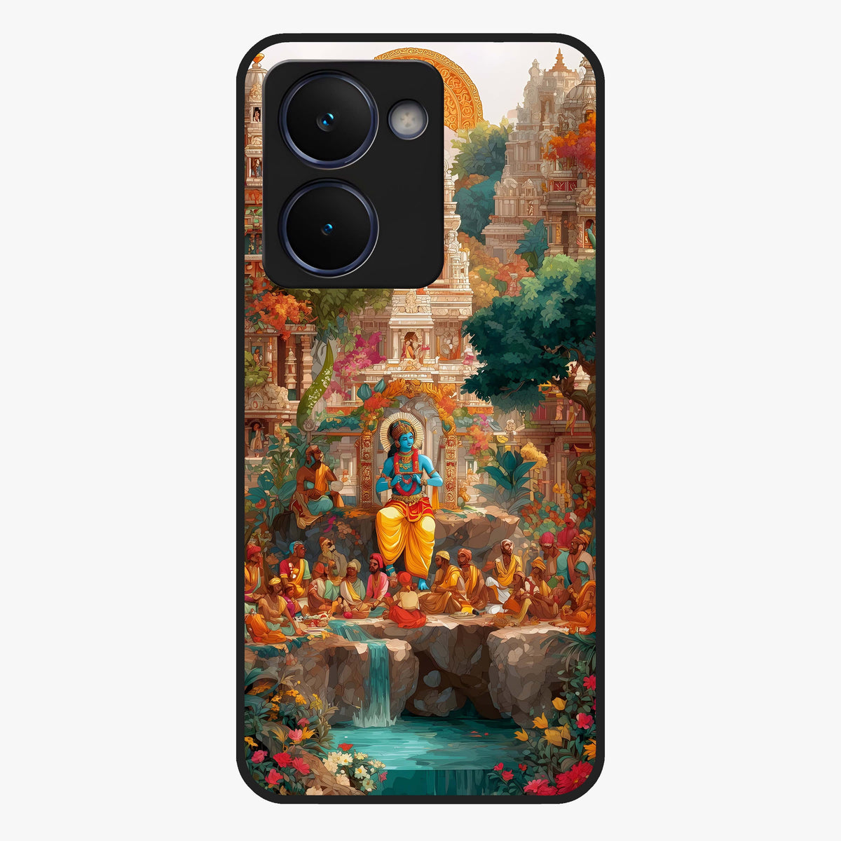 Sacred Sunlight Gods Glass Case showing flat back view with divine sunlight themed artwork and glossy glass finish.